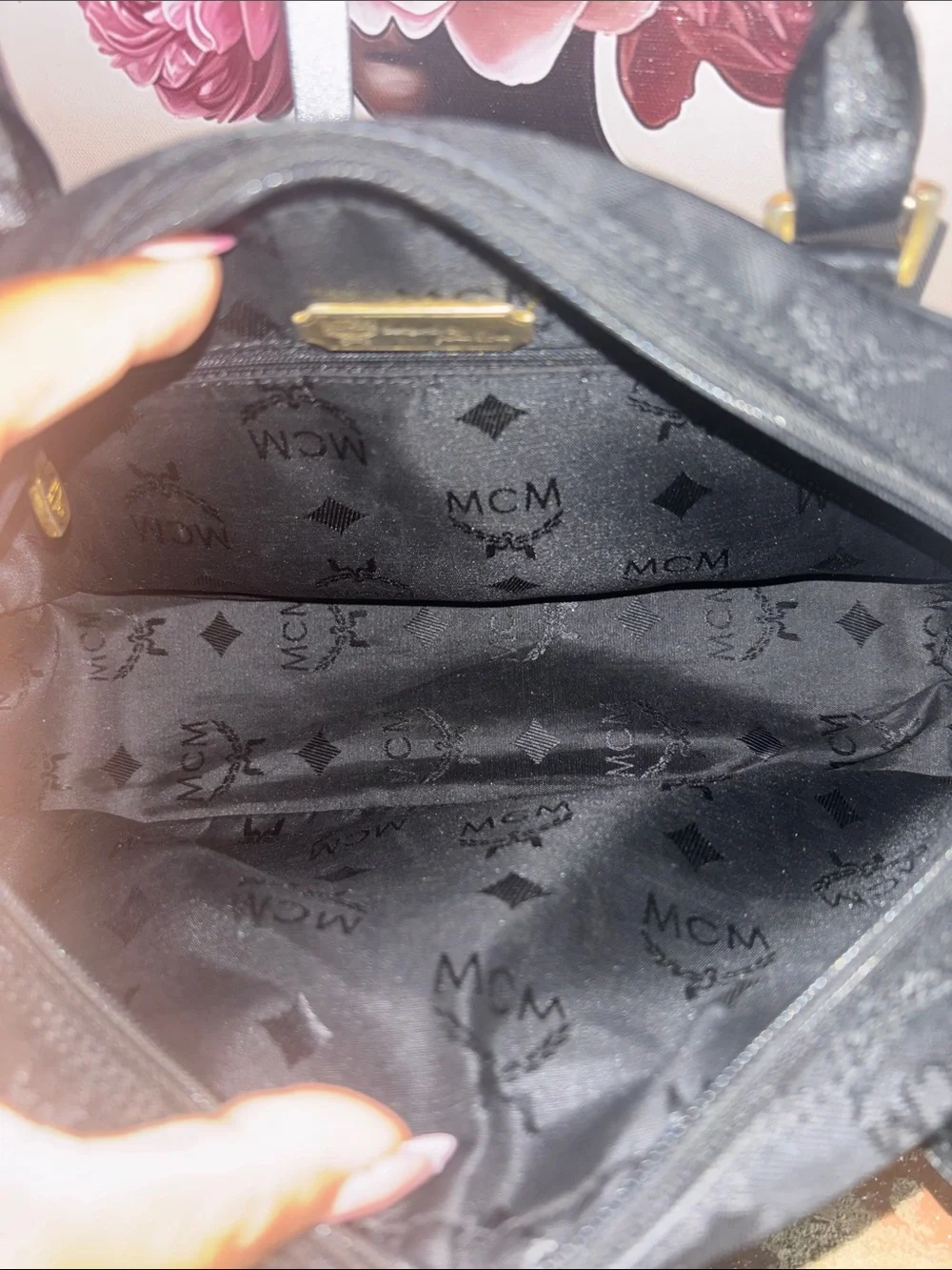 MCM Black Logo Dome Satchel with Gold Plaque